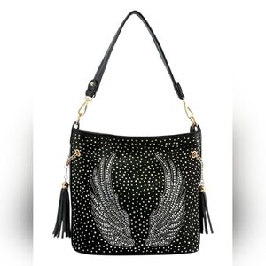 Wings Design Rhinestone Hobo Handbag